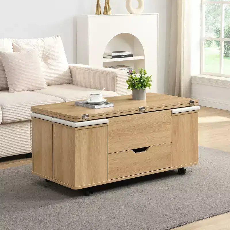 Table basse relevable multifonctionnelle et moderne avec rangement dissimulé, 4 tabourets et roulettes, parfaite pour les espaces de vie modernes.
