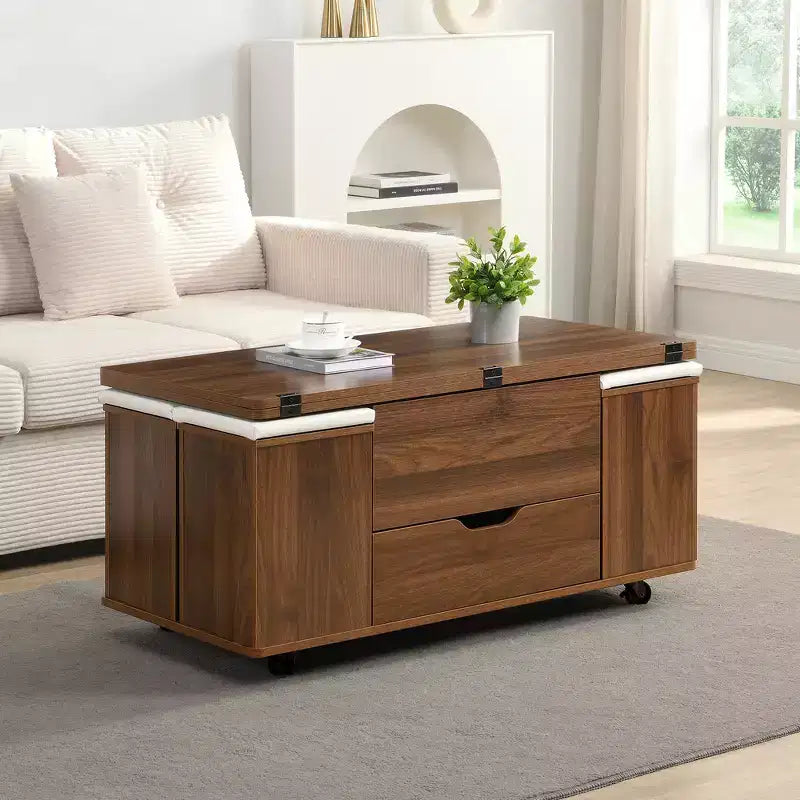 Table basse relevable multifonctionnelle et moderne avec rangement dissimulé, 4 tabourets et roulettes, parfaite pour les espaces de vie modernes.