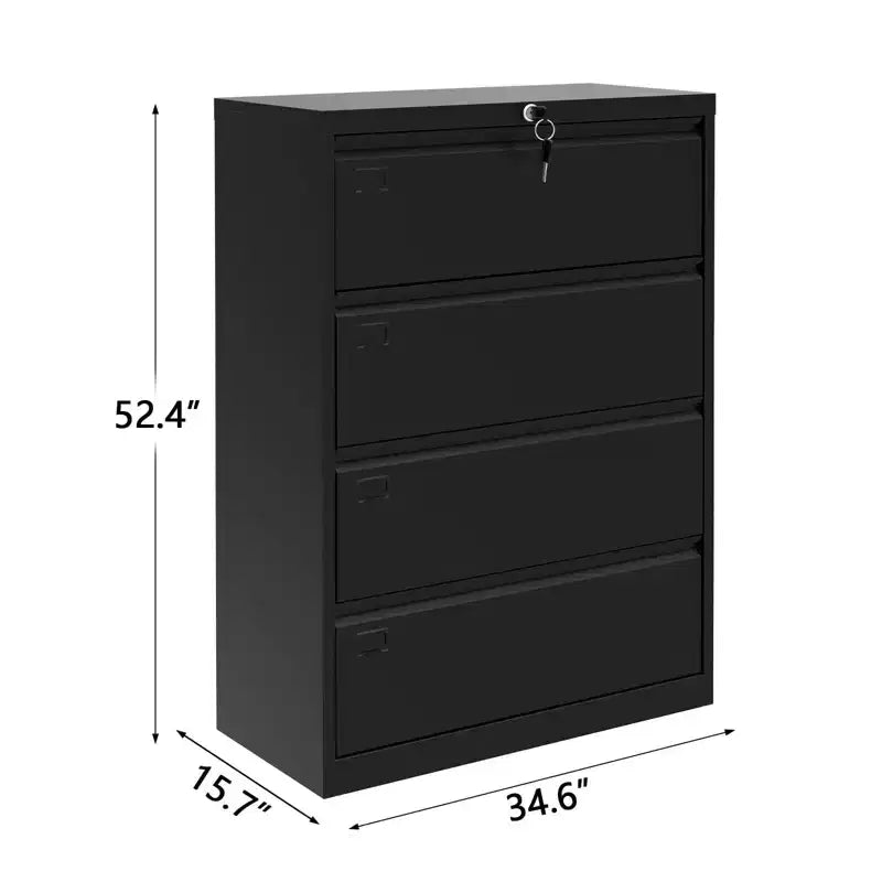 Classeur latéral à 4 tiroirs - Rangement en métal noir robuste pour documents format lettre/légal (Usage domestique/bureau)