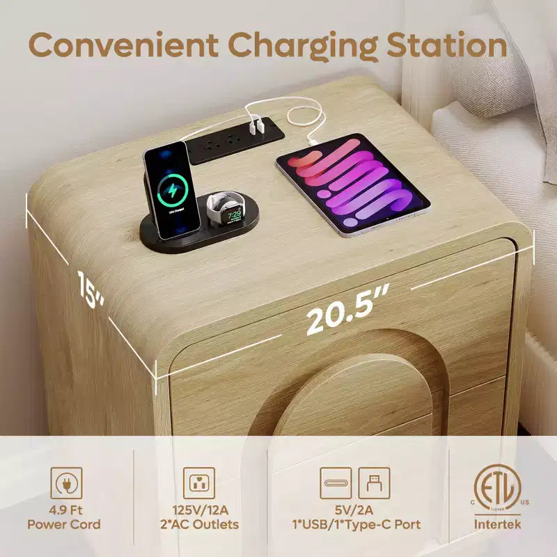 Tables de chevet lot de 2 avec station de recharge, tables d'appoint LED modernes avec 2 tiroirs, 2 tables de chevet avec rangement pour chambre et salon