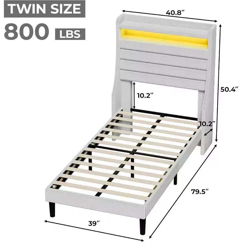Cadre de lit double moderne, Lit plateforme capitonné confortable avec sommier à lattes en bois, Lumières LED et station de charge, Aucun sommier tapissier requis, Montage facile, Beige