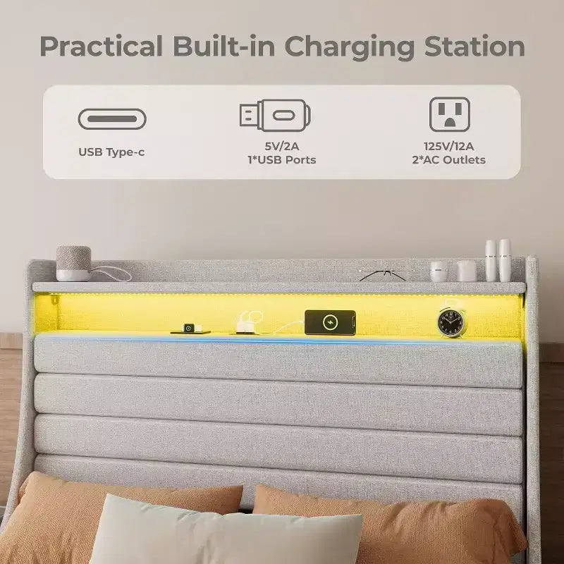 Cadre de lit double moderne, Lit plateforme capitonné confortable avec sommier à lattes en bois, Lumières LED et station de charge, Aucun sommier tapissier requis, Montage facile, Beige