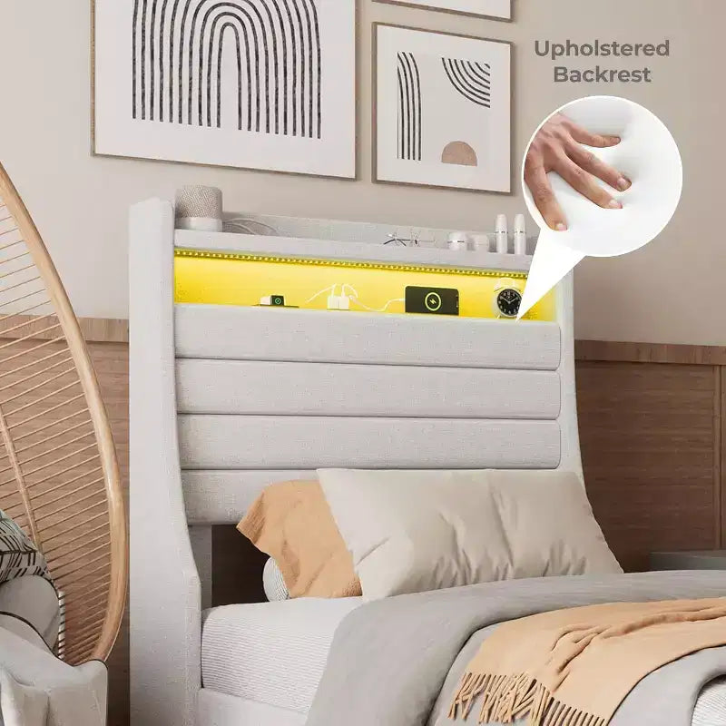 Cadre de lit double moderne, Lit plateforme capitonné confortable avec sommier à lattes en bois, Lumières LED et station de charge, Aucun sommier tapissier requis, Montage facile, Beige