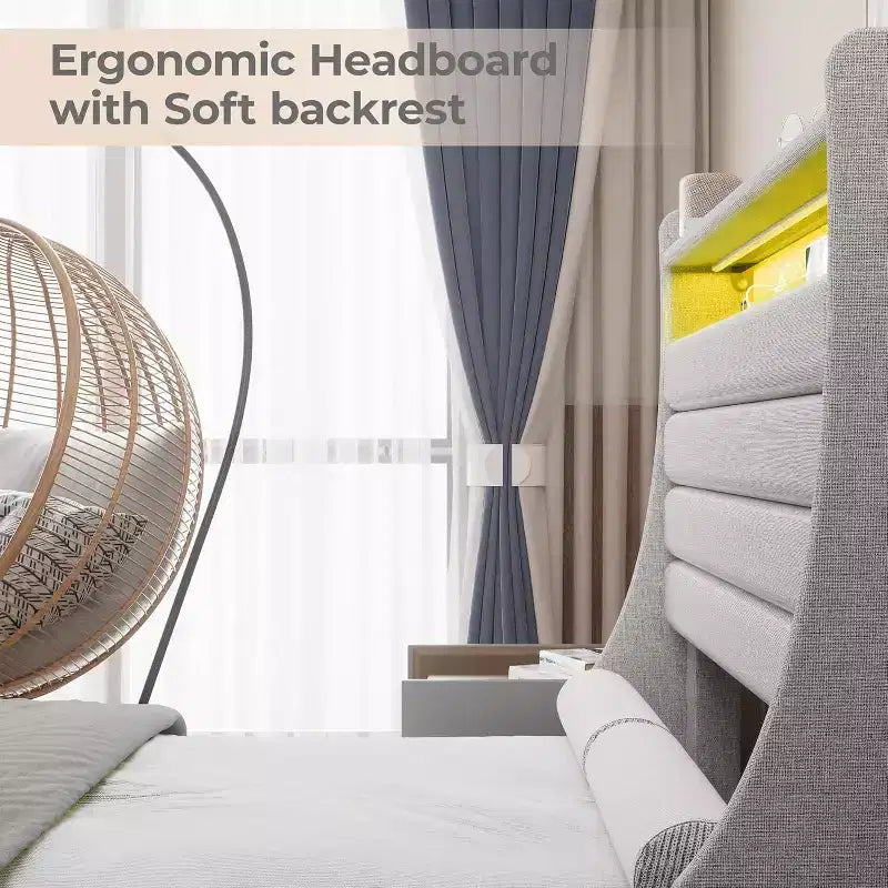 Cadre de lit double moderne, Lit plateforme capitonné confortable avec sommier à lattes en bois, Lumières LED et station de charge, Aucun sommier tapissier requis, Montage facile, Beige