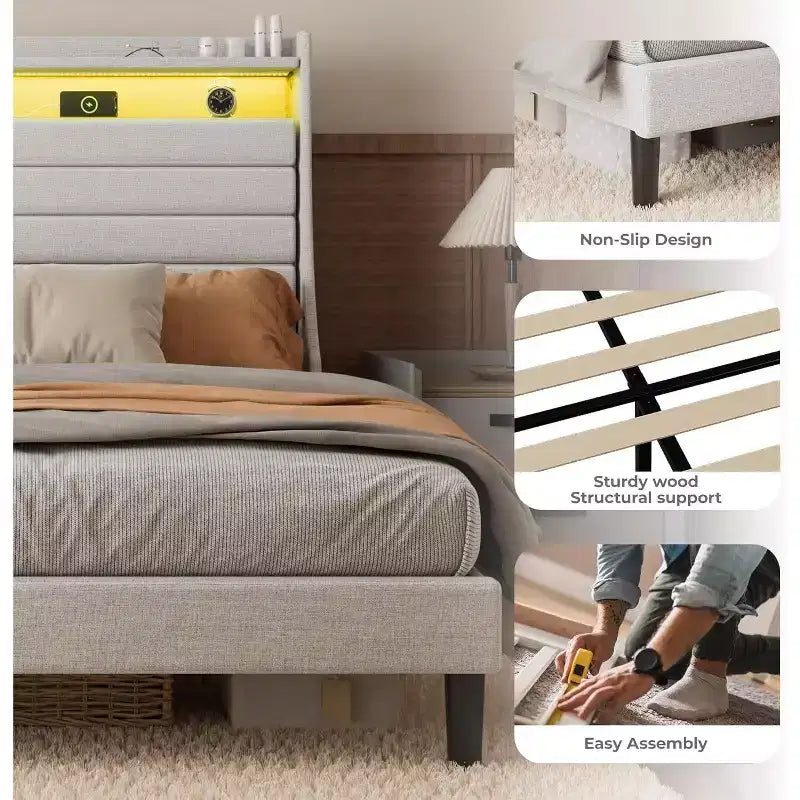 Cadre de lit double moderne, Lit plateforme capitonné confortable avec sommier à lattes en bois, Lumières LED et station de charge, Aucun sommier tapissier requis, Montage facile, Beige