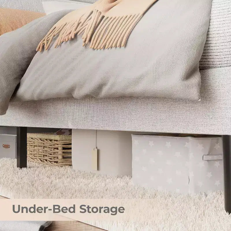 Cadre de lit double moderne, Lit plateforme capitonné confortable avec sommier à lattes en bois, Lumières LED et station de charge, Aucun sommier tapissier requis, Montage facile, Beige