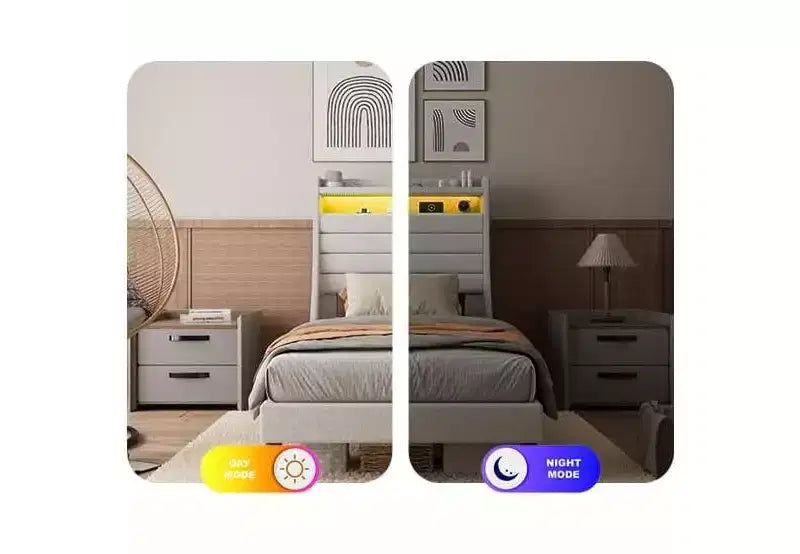 Cadre de lit double moderne, Lit plateforme capitonné confortable avec sommier à lattes en bois, Lumières LED et station de charge, Aucun sommier tapissier requis, Montage facile, Beige