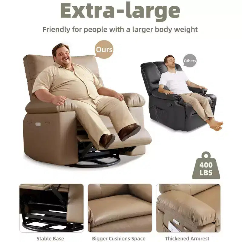 Fauteuil inclinable surdimensionné avec pivotant à 360°, fonction bascule, fonction massage et télécommande incluse pour salons et chambres, beige