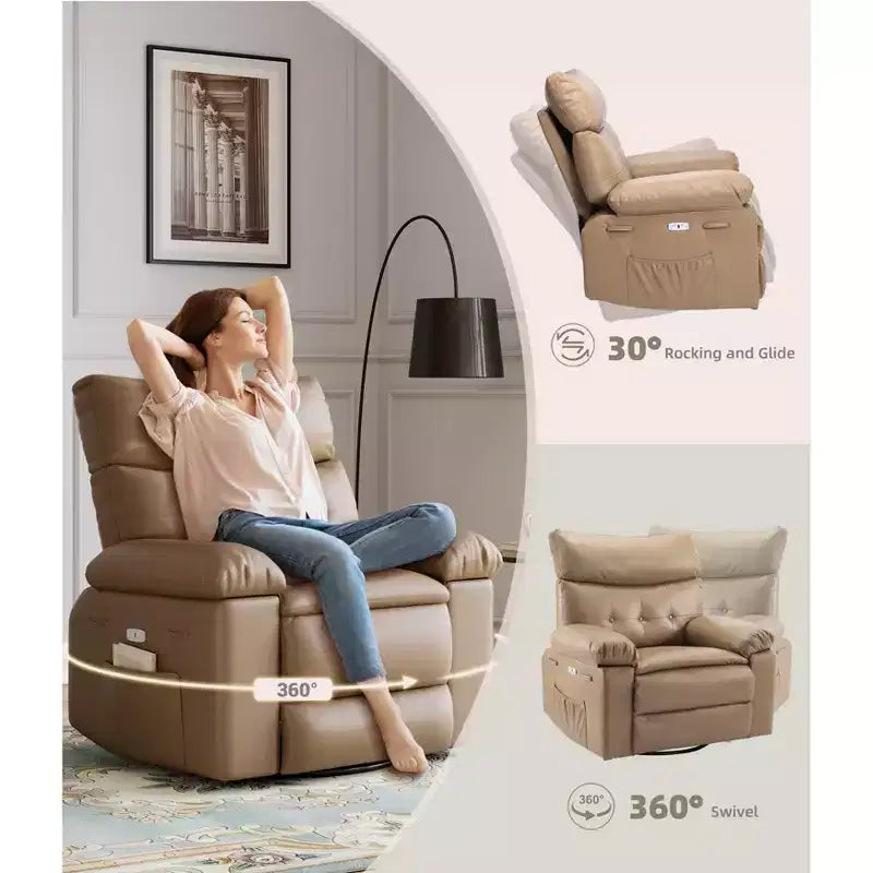 Fauteuil inclinable surdimensionné avec pivotant à 360°, fonction bascule, fonction massage et télécommande incluse pour salons et chambres, beige