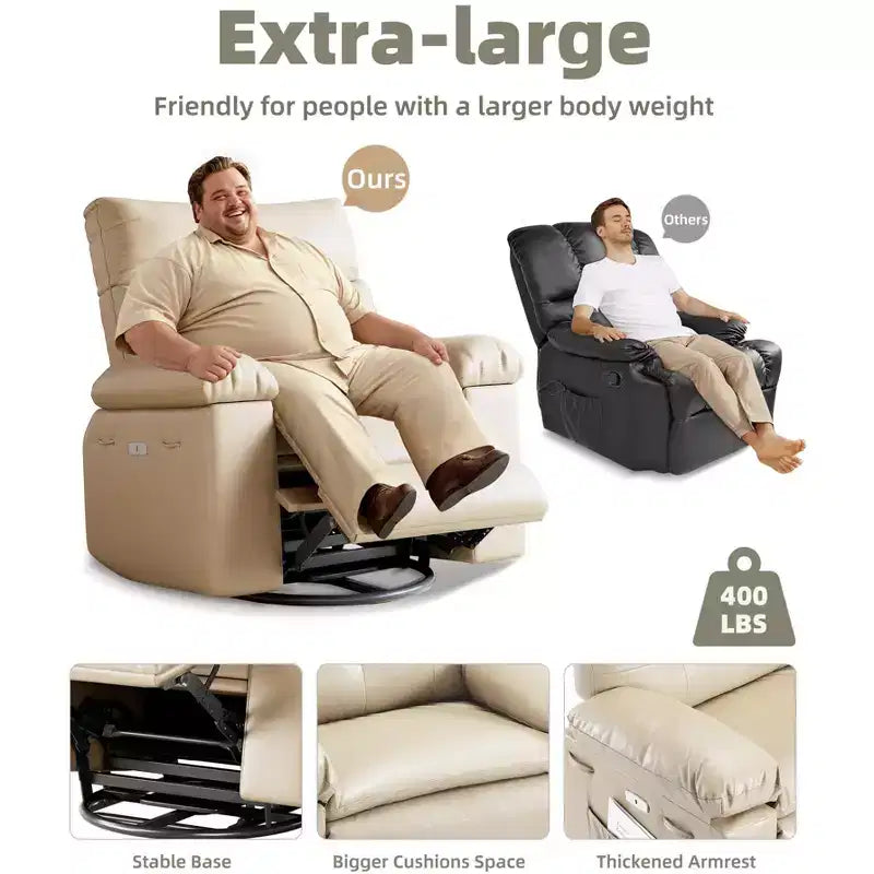 Fauteuil inclinable surdimensionné avec pivotant à 360°, fonction bascule, fonction massage et télécommande incluse pour salons et chambres, beige