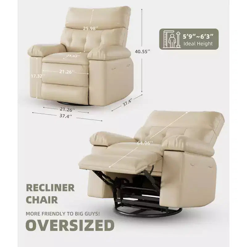 Fauteuil inclinable surdimensionné avec pivotant à 360°, fonction bascule, fonction massage et télécommande incluse pour salons et chambres, beige