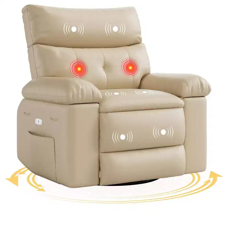 Fauteuil inclinable surdimensionné avec pivotant à 360°, fonction bascule, fonction massage et télécommande incluse pour salons et chambres, beige