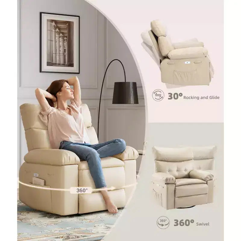 Fauteuil inclinable surdimensionné avec pivotant à 360°, fonction bascule, fonction massage et télécommande incluse pour salons et chambres, beige
