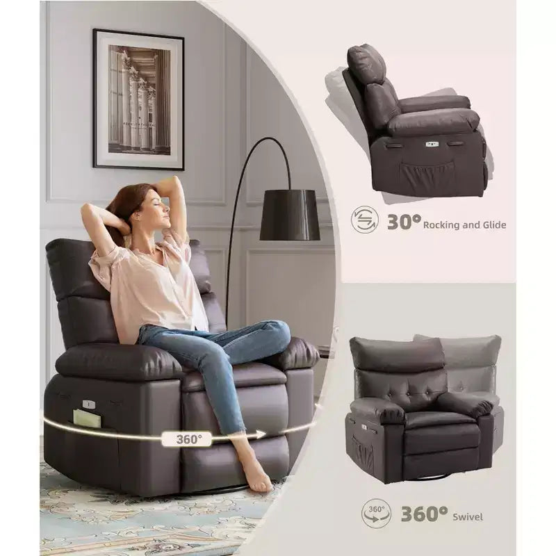 Fauteuil inclinable surdimensionné avec pivotant à 360°, fonction bascule, fonction massage et télécommande incluse pour salons et chambres, beige