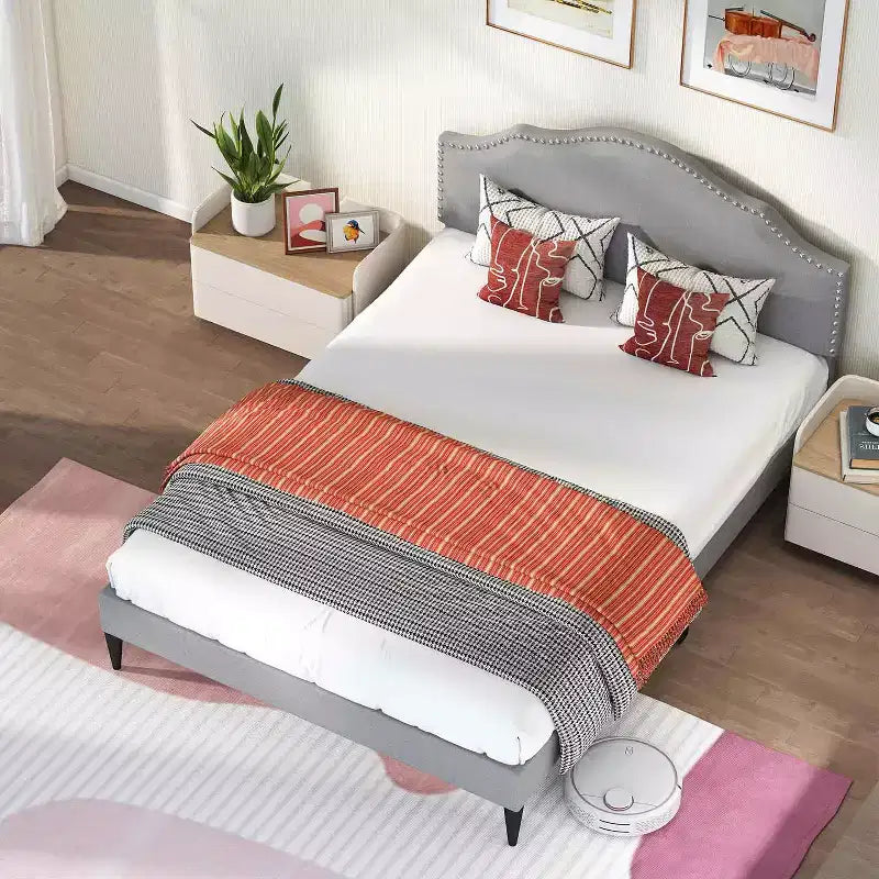 Cadre de lit plateforme rembourré avec tête de lit en tissu, sommier tapissier, pas besoin de sommier à ressorts