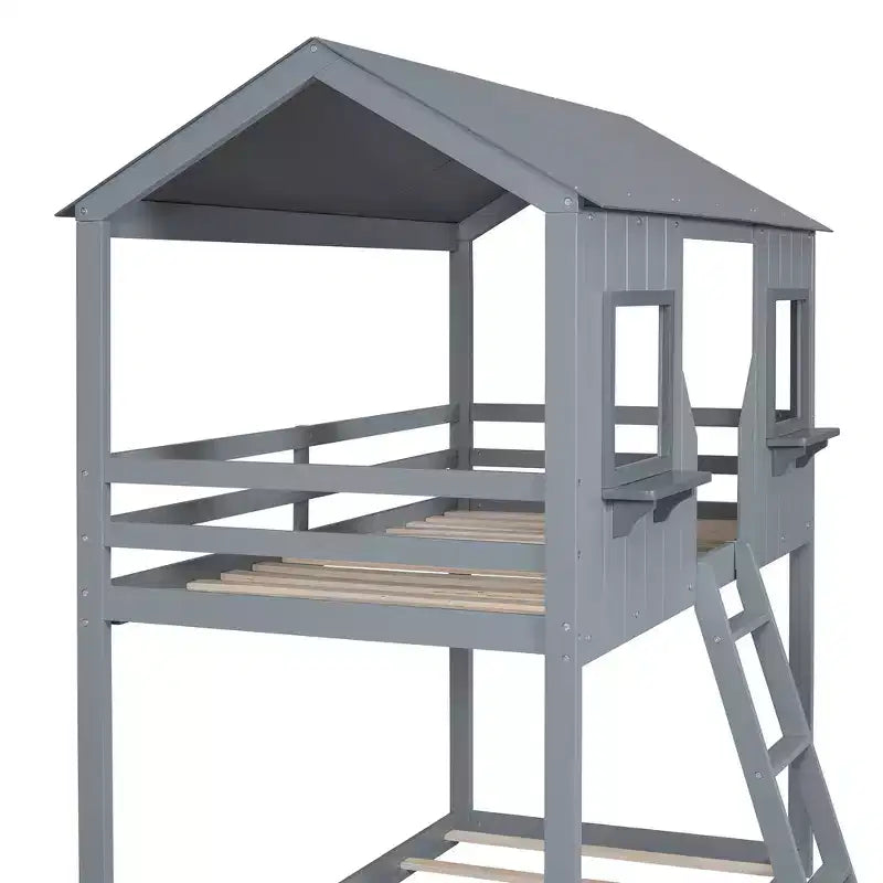 Lit superposé cabane jumeau sur jumeau avec toit et fenêtre, cadre de lit superposé en bois avec barrière de sécurité et échelle pour enfants et adolescents