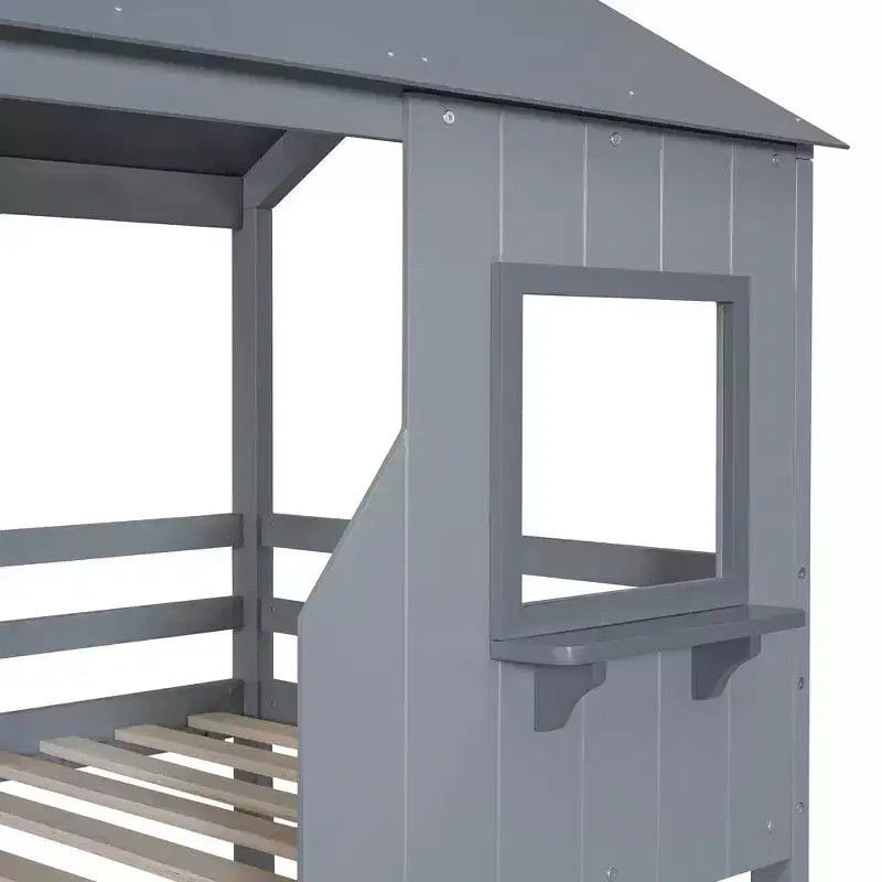 Lit superposé cabane jumeau sur jumeau avec toit et fenêtre, cadre de lit superposé en bois avec barrière de sécurité et échelle pour enfants et adolescents