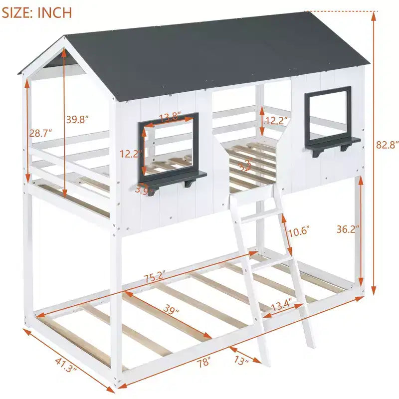 Lit superposé cabane jumeau sur jumeau avec toit et fenêtre, cadre de lit superposé en bois avec barrière de sécurité et échelle pour enfants et adolescents