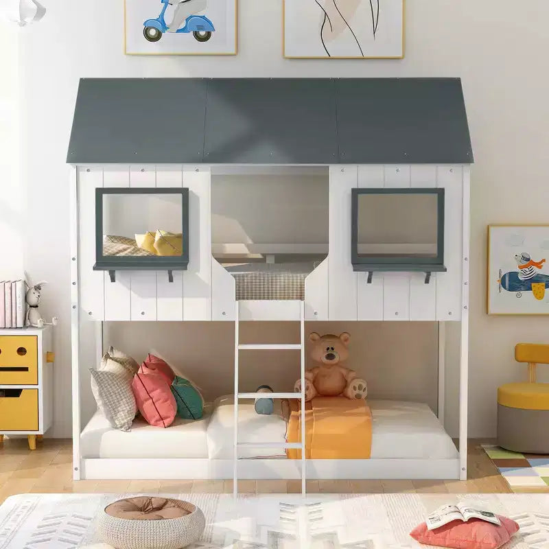Lit superposé cabane jumeau sur jumeau avec toit et fenêtre, cadre de lit superposé en bois avec barrière de sécurité et échelle pour enfants et adolescents