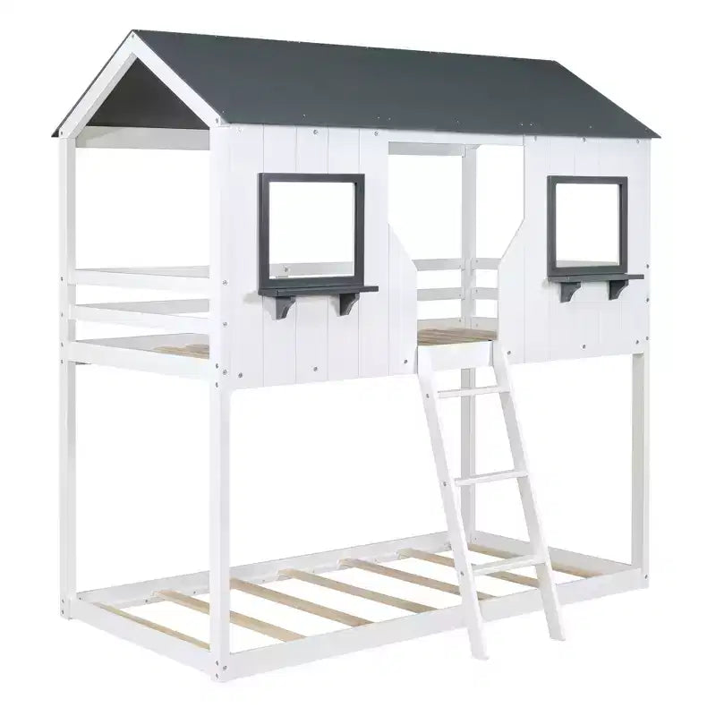 Lit superposé cabane jumeau sur jumeau avec toit et fenêtre, cadre de lit superposé en bois avec barrière de sécurité et échelle pour enfants et adolescents