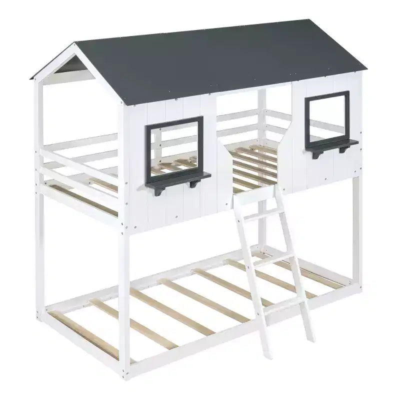 Lit superposé cabane jumeau sur jumeau avec toit et fenêtre, cadre de lit superposé en bois avec barrière de sécurité et échelle pour enfants et adolescents