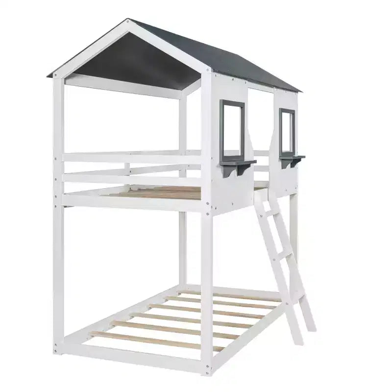 Lit superposé cabane jumeau sur jumeau avec toit et fenêtre, cadre de lit superposé en bois avec barrière de sécurité et échelle pour enfants et adolescents
