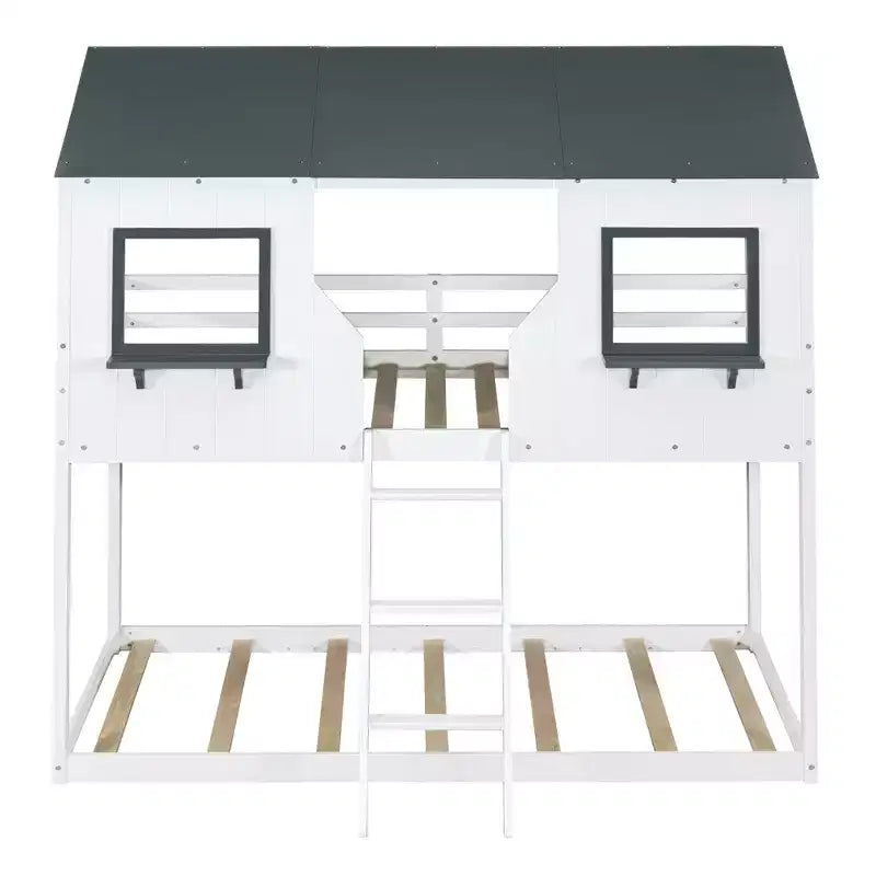 Lit superposé cabane jumeau sur jumeau avec toit et fenêtre, cadre de lit superposé en bois avec barrière de sécurité et échelle pour enfants et adolescents