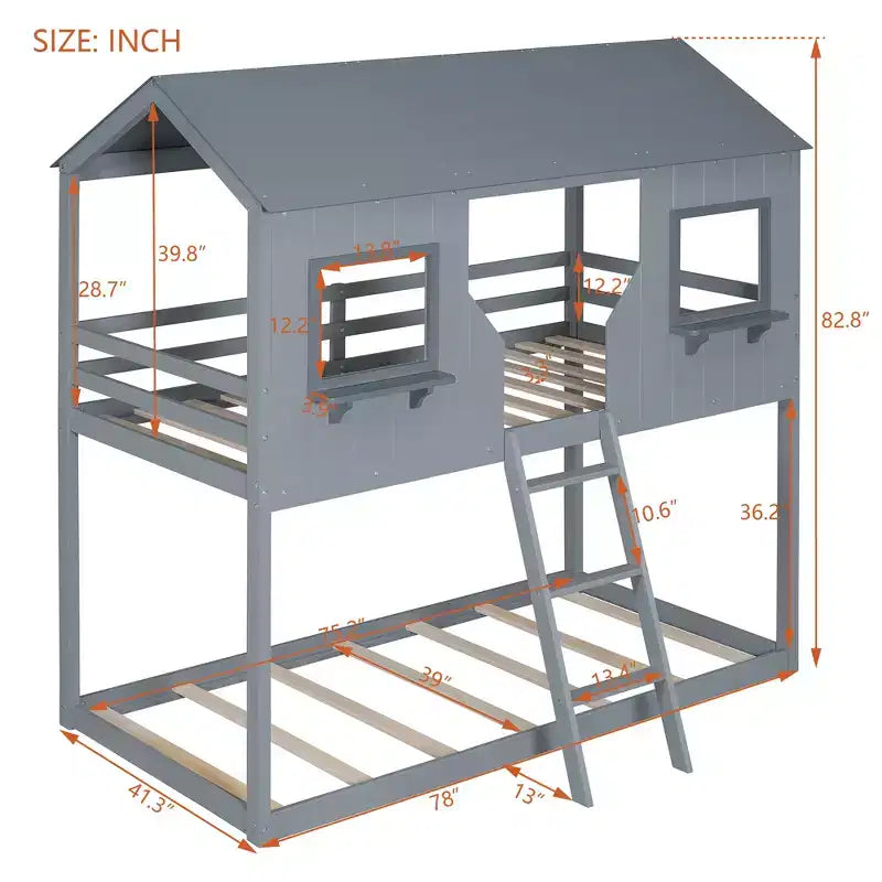 Lit superposé cabane jumeau sur jumeau avec toit et fenêtre, cadre de lit superposé en bois avec barrière de sécurité et échelle pour enfants et adolescents