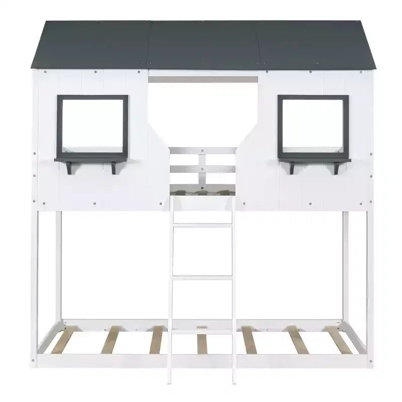 Lit superposé cabane jumeau sur jumeau avec toit et fenêtre, cadre de lit superposé en bois avec barrière de sécurité et échelle pour enfants et adolescents