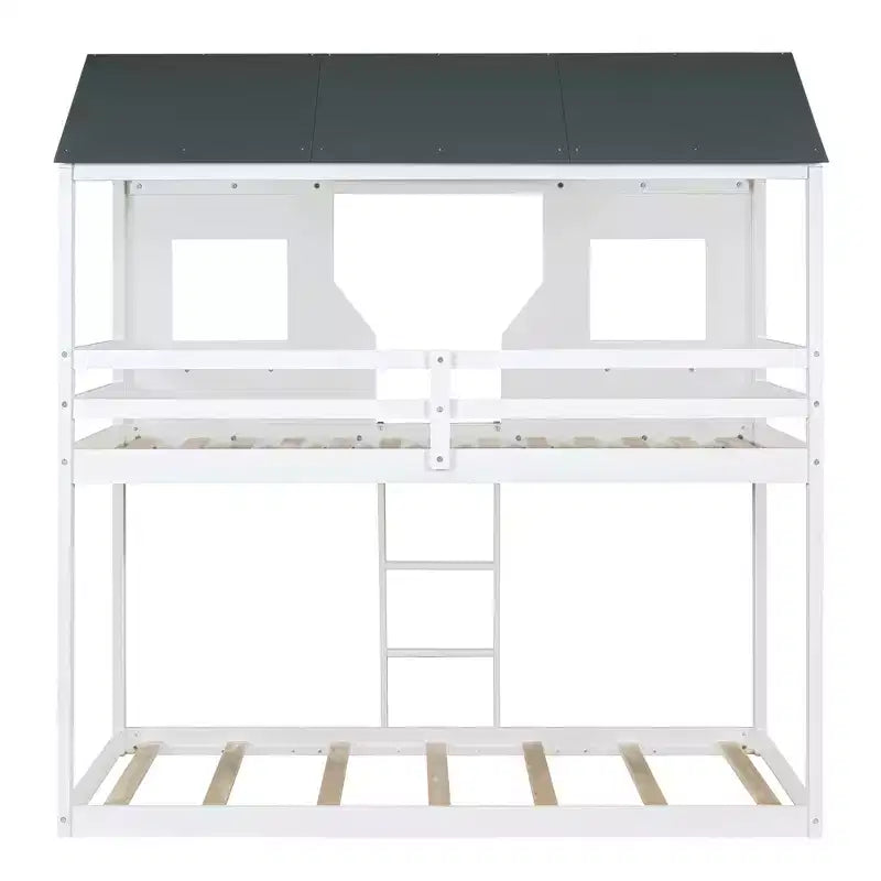 Lit superposé cabane jumeau sur jumeau avec toit et fenêtre, cadre de lit superposé en bois avec barrière de sécurité et échelle pour enfants et adolescents