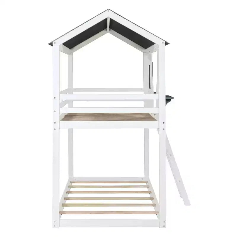 Lit superposé cabane jumeau sur jumeau avec toit et fenêtre, cadre de lit superposé en bois avec barrière de sécurité et échelle pour enfants et adolescents