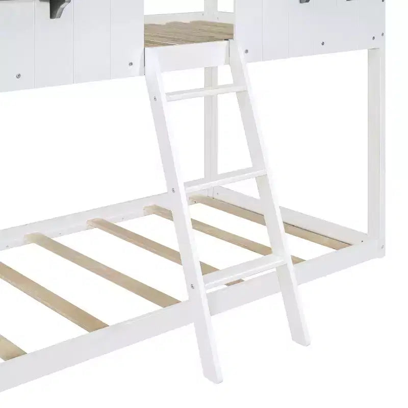 Lit superposé cabane jumeau sur jumeau avec toit et fenêtre, cadre de lit superposé en bois avec barrière de sécurité et échelle pour enfants et adolescents