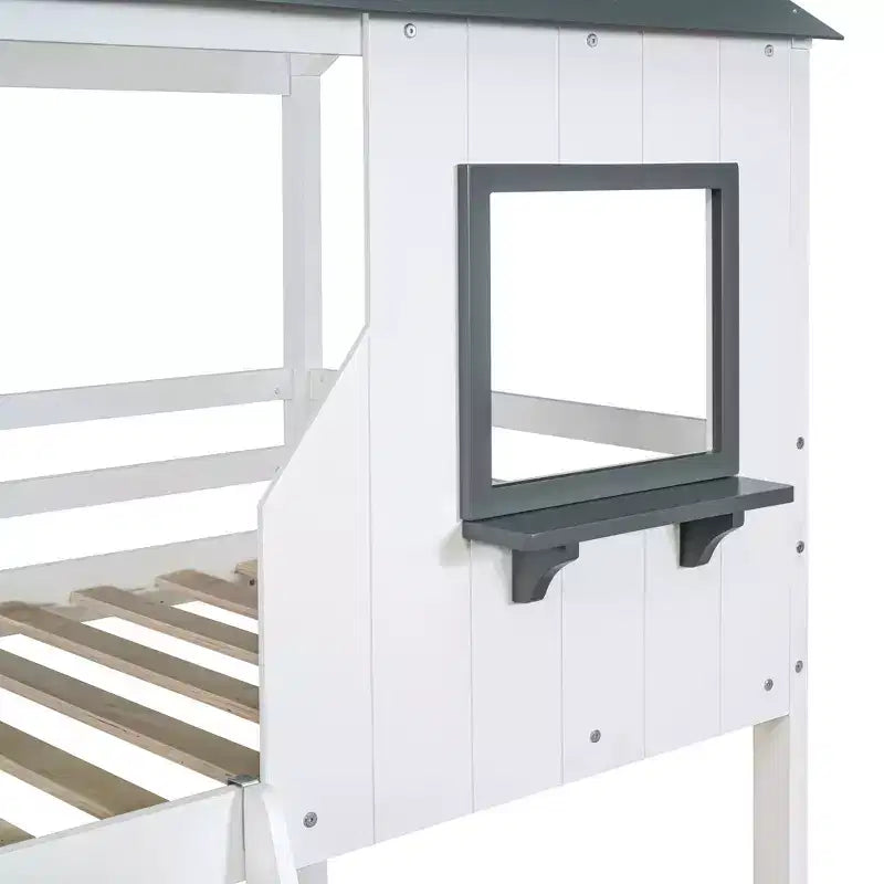 Lit superposé cabane jumeau sur jumeau avec toit et fenêtre, cadre de lit superposé en bois avec barrière de sécurité et échelle pour enfants et adolescents