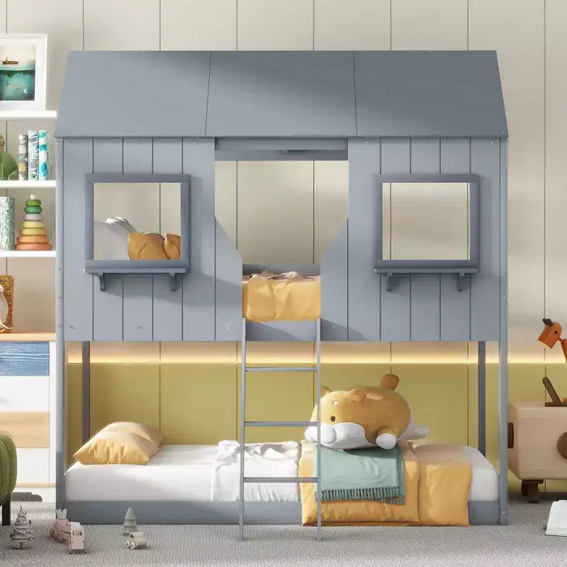 Lit superposé cabane jumeau sur jumeau avec toit et fenêtre, cadre de lit superposé en bois avec barrière de sécurité et échelle pour enfants et adolescents