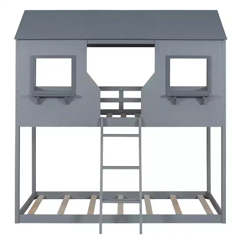 Lit superposé cabane jumeau sur jumeau avec toit et fenêtre, cadre de lit superposé en bois avec barrière de sécurité et échelle pour enfants et adolescents