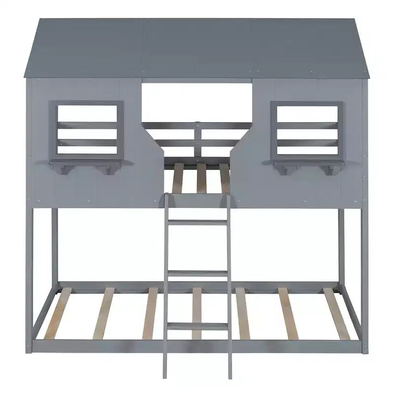 Lit superposé cabane jumeau sur jumeau avec toit et fenêtre, cadre de lit superposé en bois avec barrière de sécurité et échelle pour enfants et adolescents