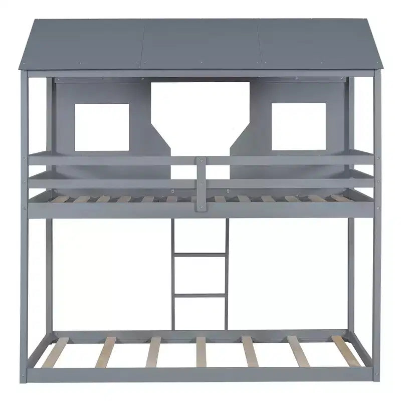 Lit superposé cabane jumeau sur jumeau avec toit et fenêtre, cadre de lit superposé en bois avec barrière de sécurité et échelle pour enfants et adolescents
