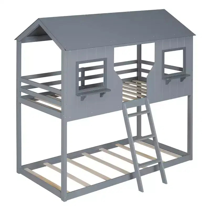 Lit superposé cabane jumeau sur jumeau avec toit et fenêtre, cadre de lit superposé en bois avec barrière de sécurité et échelle pour enfants et adolescents