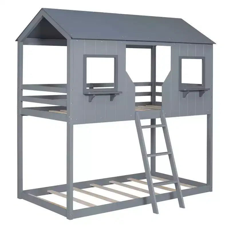 Lit superposé cabane jumeau sur jumeau avec toit et fenêtre, cadre de lit superposé en bois avec barrière de sécurité et échelle pour enfants et adolescents