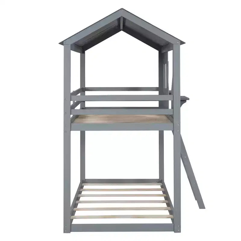 Lit superposé cabane jumeau sur jumeau avec toit et fenêtre, cadre de lit superposé en bois avec barrière de sécurité et échelle pour enfants et adolescents