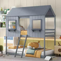 Twin over Twin House Bunk Bed with Roof and Window, Wood Floor Bunk Bed Frame with Guardrail Ladder for Kids Teens