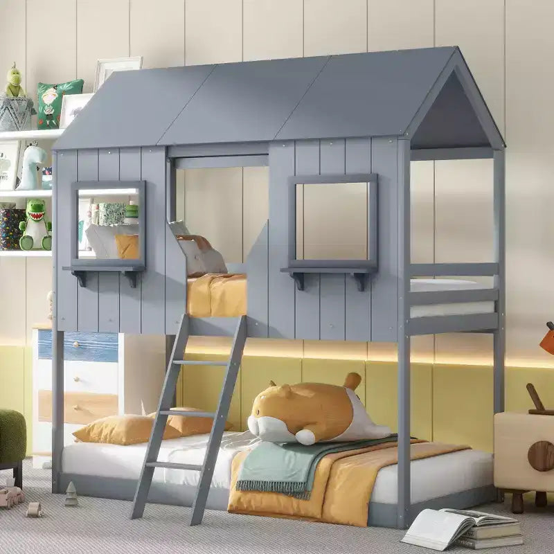 Twin over Twin House Bunk Bed with Roof and Window, Wood Floor Bunk Bed Frame with Guardrail Ladder for Kids Teens