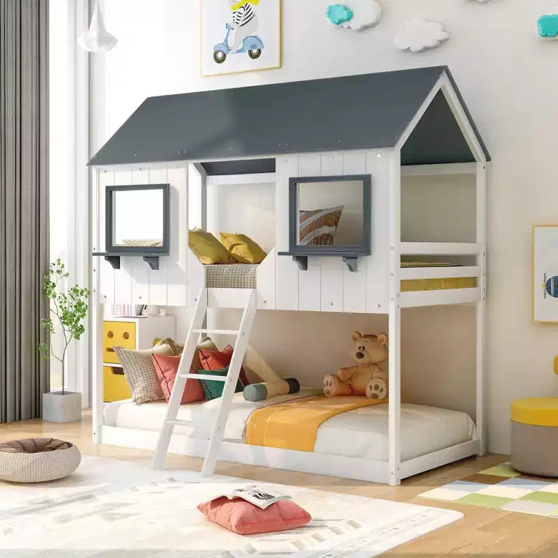 Lit superposé cabane jumeau sur jumeau avec toit et fenêtre, cadre de lit superposé en bois avec barrière de sécurité et échelle pour enfants et adolescents