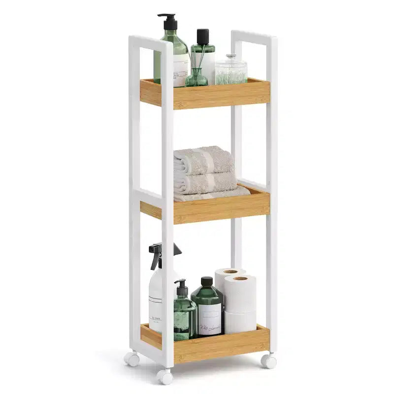 Chariot roulant en bambou à 3 niveaux avec étagère réglable, organisateur de rangement mince de 30 x 80 cm pour cuisine et salle de bain, blanc et naturel