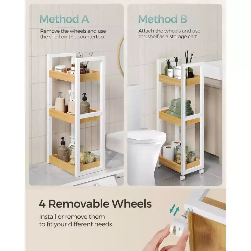 Chariot roulant en bambou à 3 niveaux avec étagère réglable, organisateur de rangement mince de 30 x 80 cm pour cuisine et salle de bain, blanc et naturel