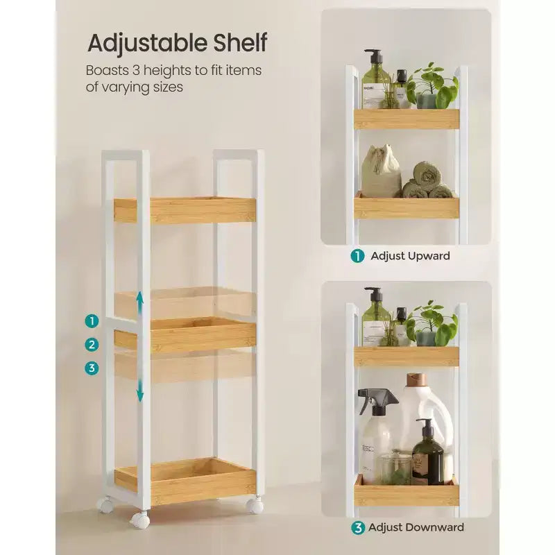Chariot roulant en bambou à 3 niveaux avec étagère réglable, organisateur de rangement mince de 30 x 80 cm pour cuisine et salle de bain, blanc et naturel