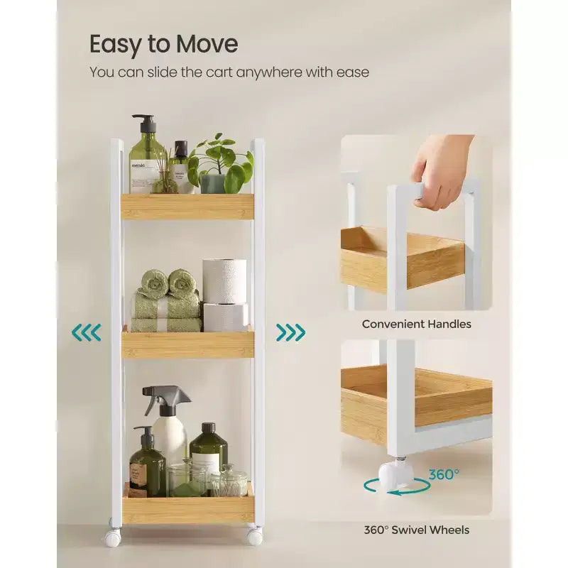 Chariot roulant en bambou à 3 niveaux avec étagère réglable, organisateur de rangement mince de 30 x 80 cm pour cuisine et salle de bain, blanc et naturel