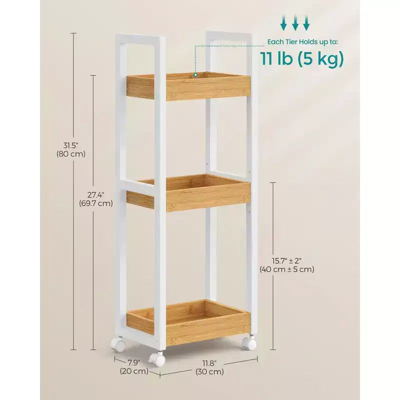 Chariot roulant en bambou à 3 niveaux avec étagère réglable, organisateur de rangement mince de 30 x 80 cm pour cuisine et salle de bain, blanc et naturel