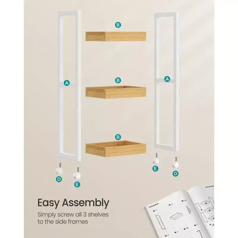 Chariot roulant en bambou à 3 niveaux avec étagère réglable, organisateur de rangement mince de 30 x 80 cm pour cuisine et salle de bain, blanc et naturel