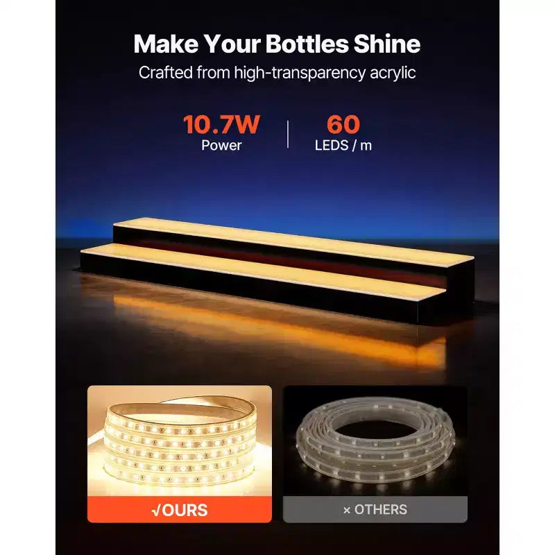Présentoir à Bouteilles Lumineux LED, 2 Étages 40 pouces, Prend en Charge l'USB, Étagère de Bar Lumineuse en Acrylique avec Télécommande RF et Contrôle par Application, Noir+Blanc